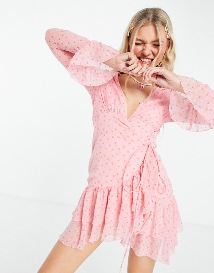 Asos Design Textured Mini Wrap Dress With Fluted Sleeve In Pink Spot Print-multi