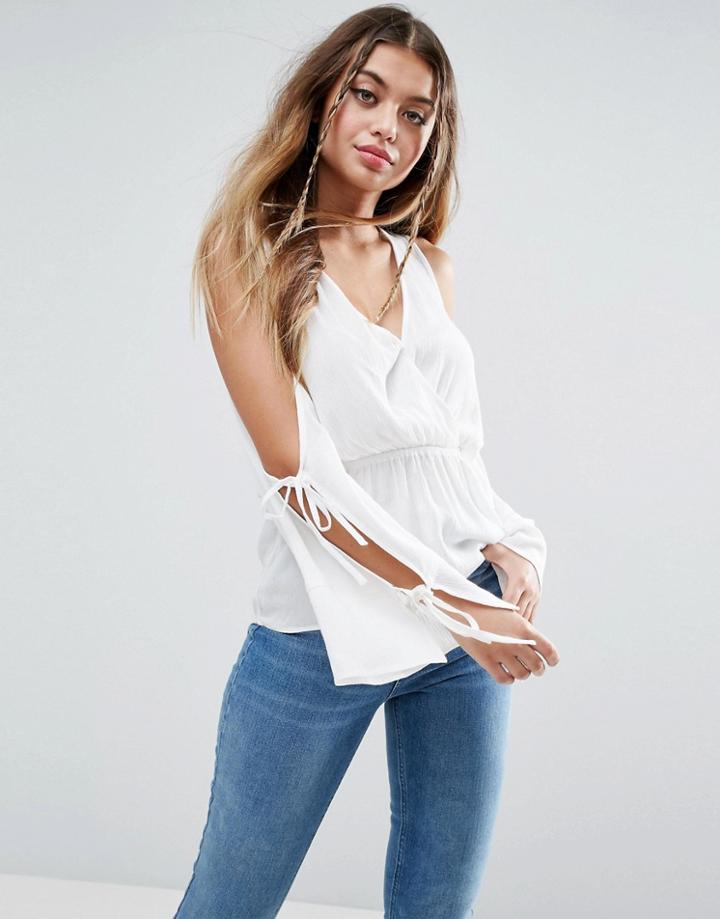 Asos Wrap Front Crinkle Top With Tie Cold Shoulder - White