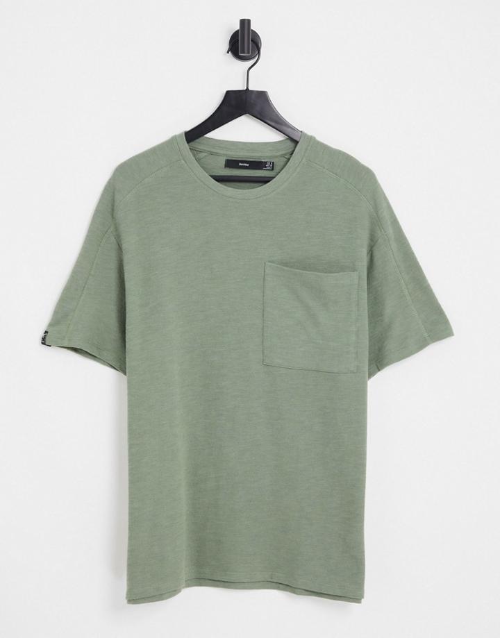 Bershka Textured Pocket T-shirt In Khaki-green