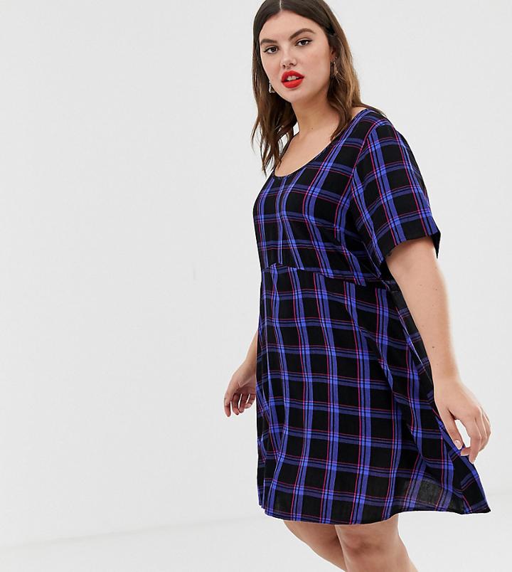 Collusion Plus Tie Back Check Smock Dress-multi