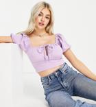 Asos Design Petite Square Neck Tie Detail Volume Short Sleeve Top In Lilac-purple