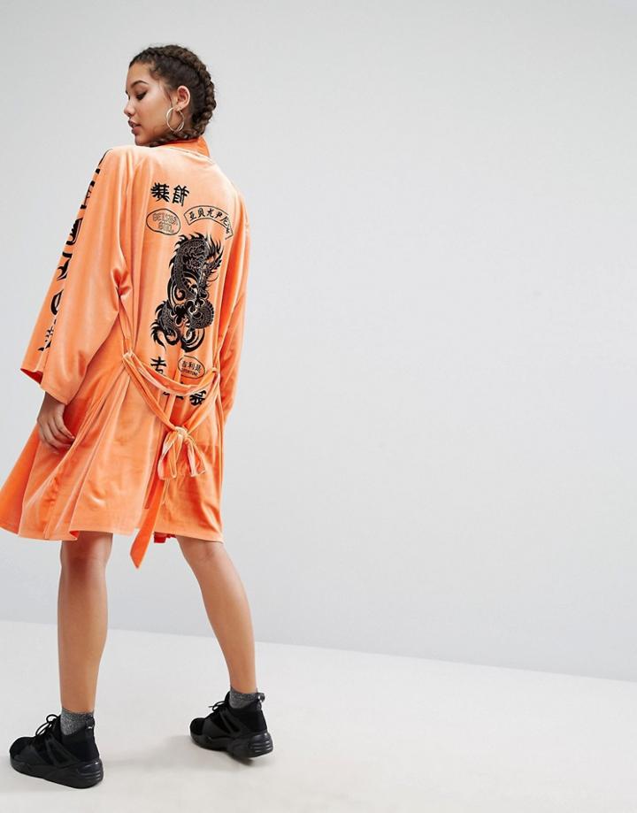 Jaded London Trophy Kimono In Velvet With Tattoo Patches Print - Orang