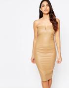 Ax Paris Bodycon Bandeau Dress In Wet Look With Notch Detail - Beige