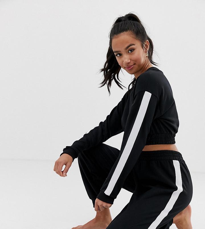 Asos Design Petite Lounge Crop Sweat & Jogger Set With Side Stripe - Black