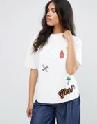 Liquorish Scuba Boxy T Shirt With Embroidered Badges - White