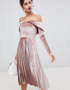 Asos Design Pleated Velvet Bardot Midi Dress-multi