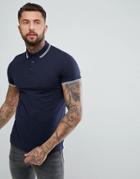 Asos Design Pique Polo With Tipped Collar In Dark Blue - Multi