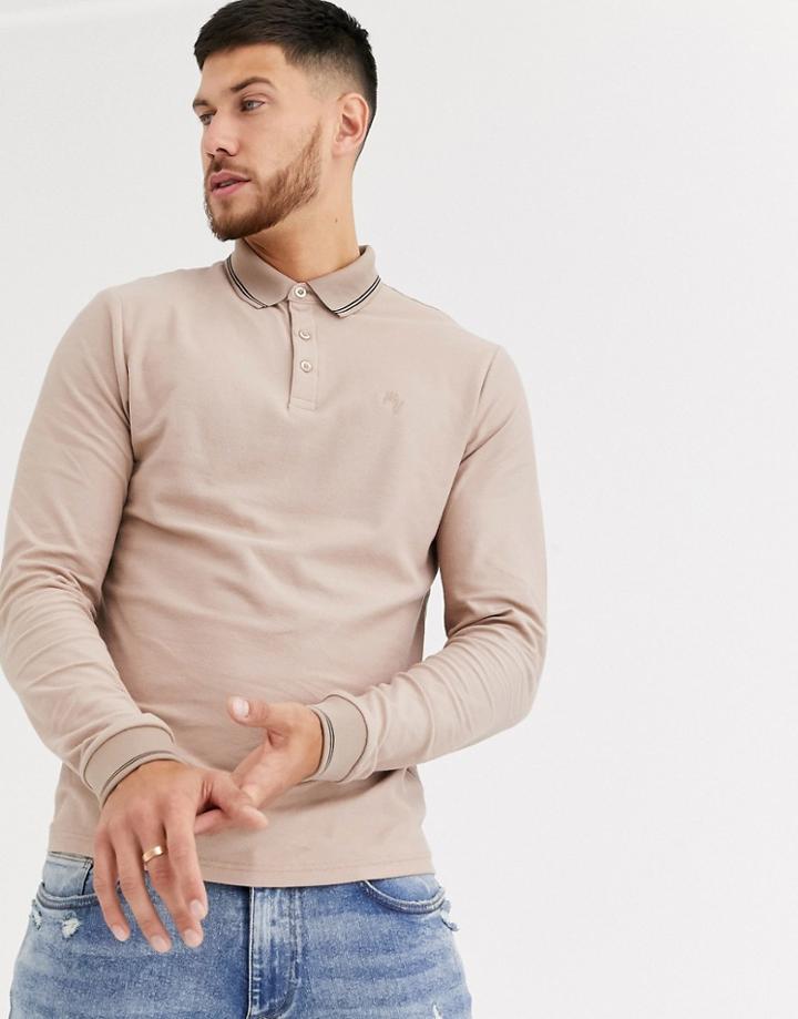 River Island Long Sleeve Tipped Polo In Stone