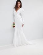 Asos Bridal Pintuck Shoulder Maxi Dress With Fishtail - White