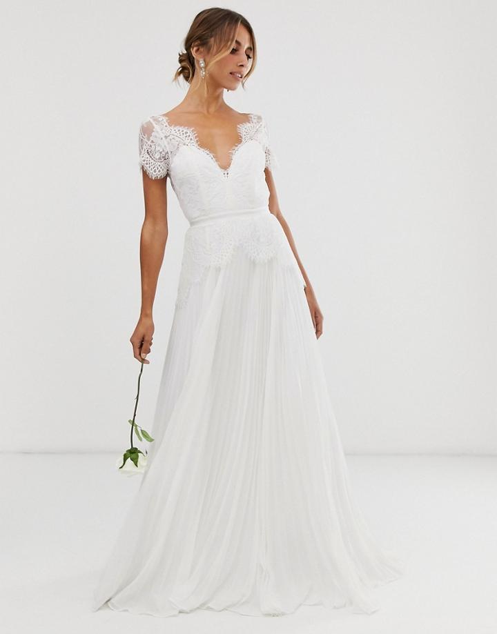 Asos Edition Plunge Lace Wedding Dress With Pleated Skirt