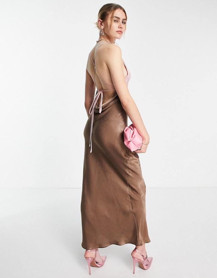 Asos Design Maxi Satin Backless Dress In Brown And Pink Color Block-multi