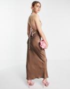 Asos Design Maxi Satin Backless Dress In Brown And Pink Color Block-multi