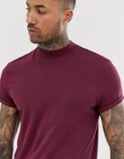 Asos Design Short Sleeve T-shirt With Roll Sleeve & Turtleneck In Burgundy - Red