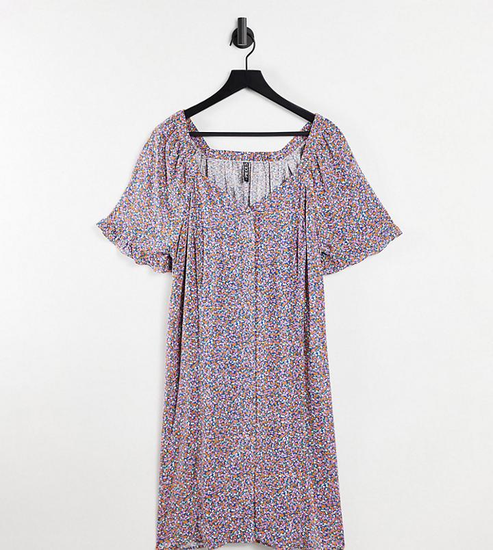 Pieces Curve Button Through Smock Dress In Ditsy Floral-multi