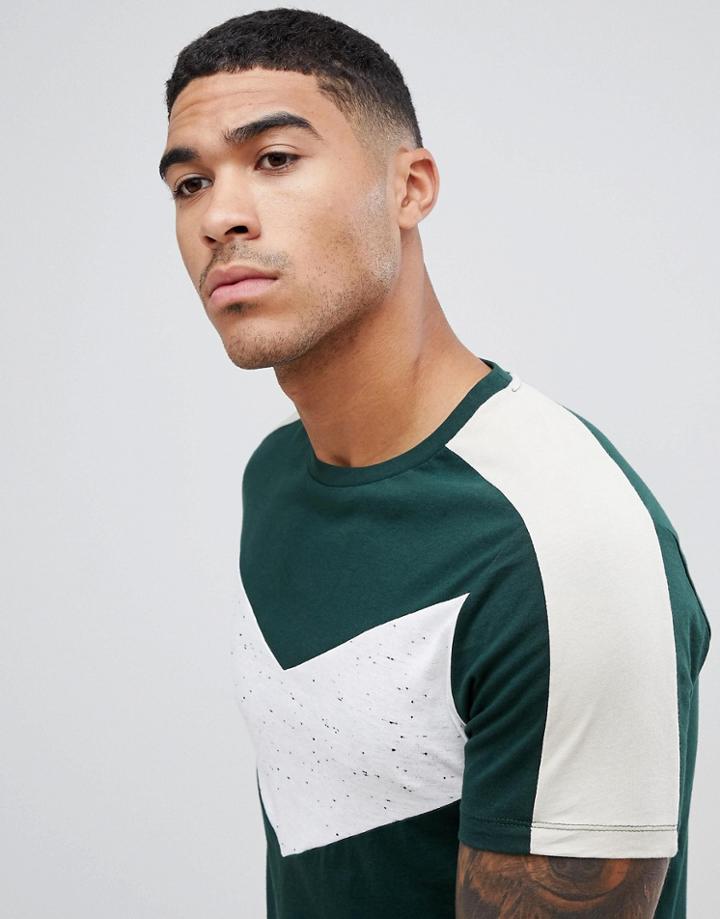 Asos Design T-shirt With Contrast Chevron Panel In Interest Fabric In Khaki - Green