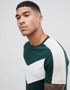 Asos Design T-shirt With Contrast Chevron Panel In Interest Fabric In Khaki - Green