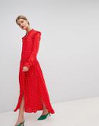 Essentiel Antwerp Ruffle Midi Dress In Polka Dot - Red
