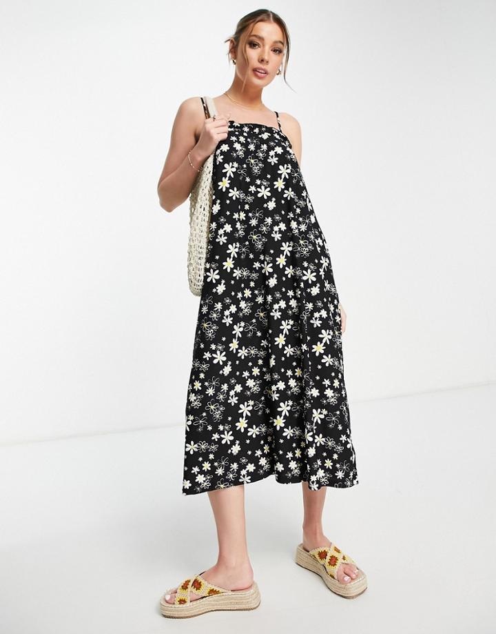 Qed London Soft Touch Cami Strap Swing Midi Dress In Daisy Print-black