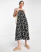 Qed London Soft Touch Cami Strap Swing Midi Dress In Daisy Print-black