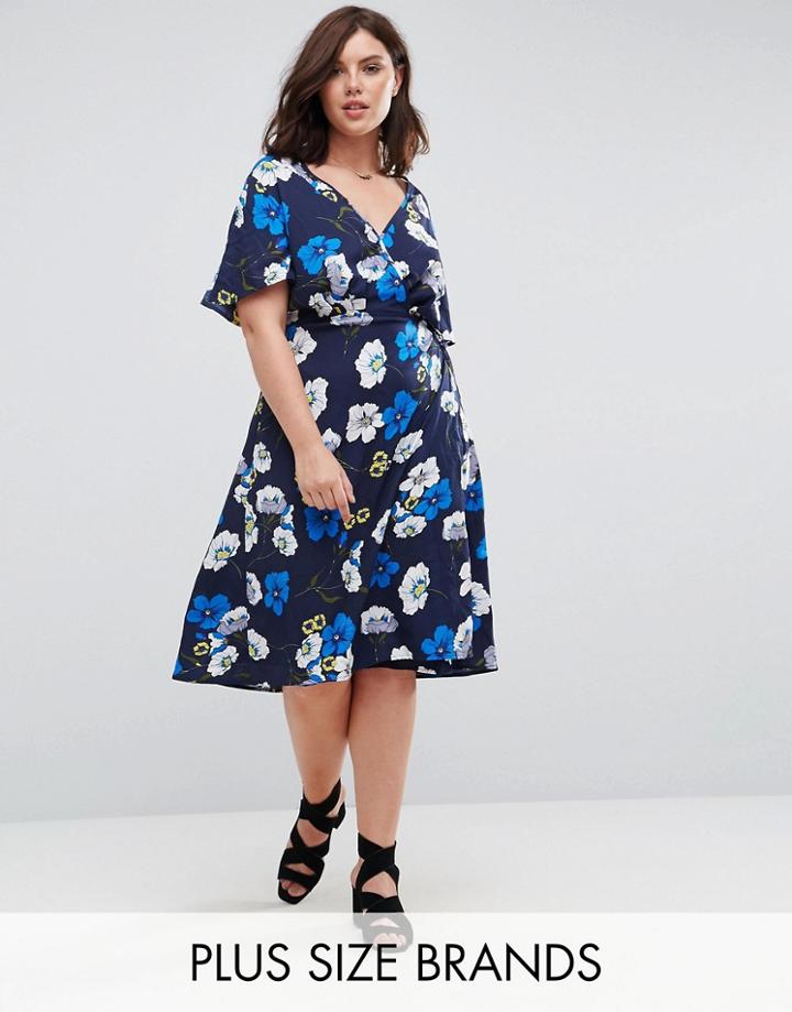 Influence Plus Floral Short Sleeve Wrap Dress - Navy