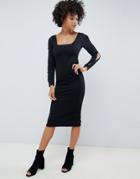 Asos Design Rib Bodycon Dress With Square Neck And Button Slash Sleeve-black