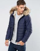 Schott Quilted Padded Hooded Jacket Detachable Faux Fur Trim - Navy