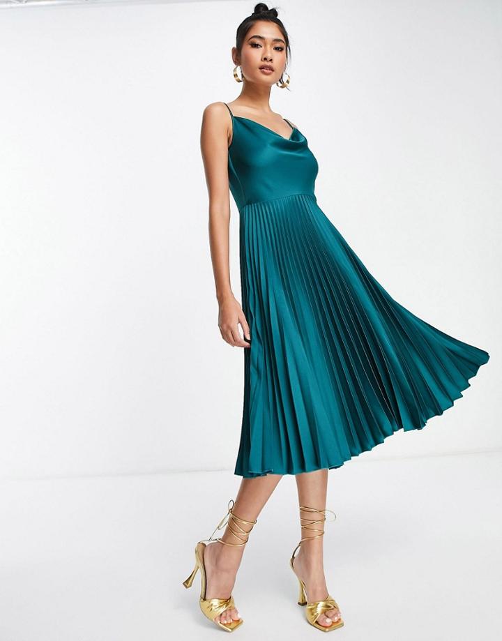 Closet London Cowl Neck Pleated Midi Dress In Emerald Green