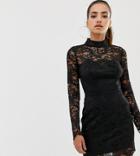 Missguided High Neck Lace Mini Dress In Black - Black