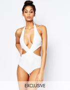 Wolf & Whistle Lace Plunge Swimsuit - White