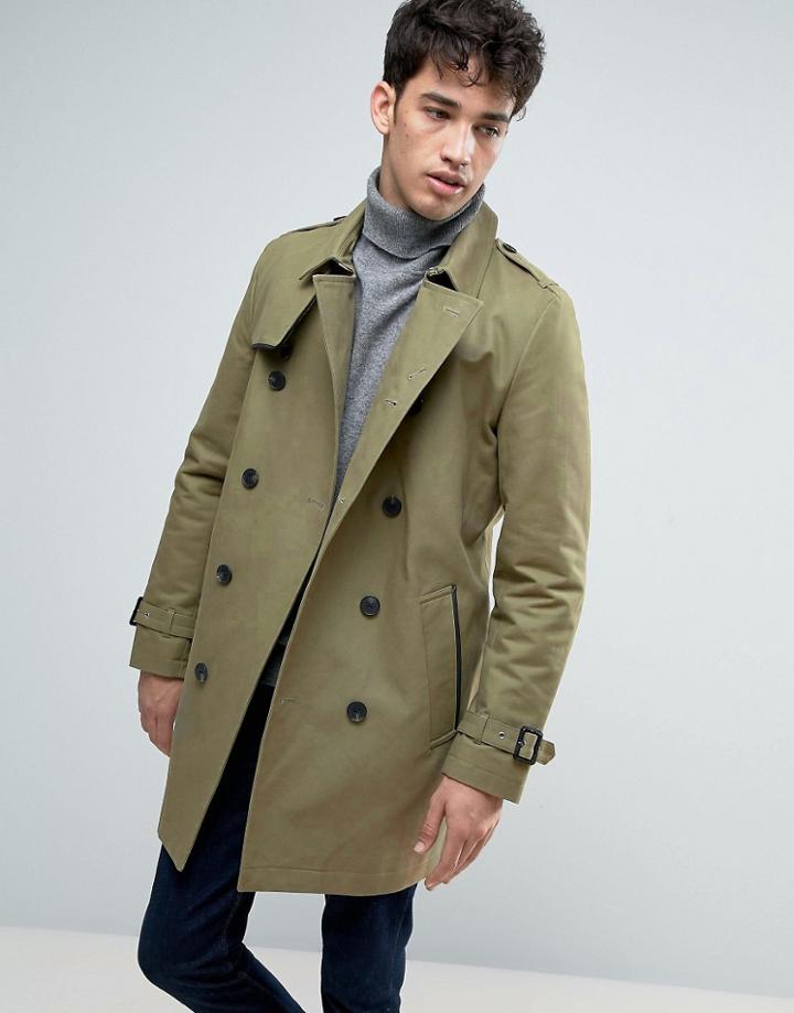 Asos Double Breasted Trench Coat With Shower Resistance In Light Khaki - Green