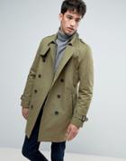 Asos Double Breasted Trench Coat With Shower Resistance In Light Khaki - Green