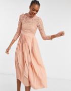 Little Mistress 2-in-1 Crochet Lace Dress With Pleated Skirt In Dusty Pink