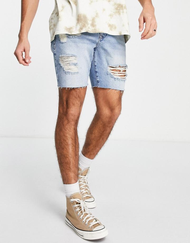 Topman Rip Slim Denim Short In Mid Wash-blue