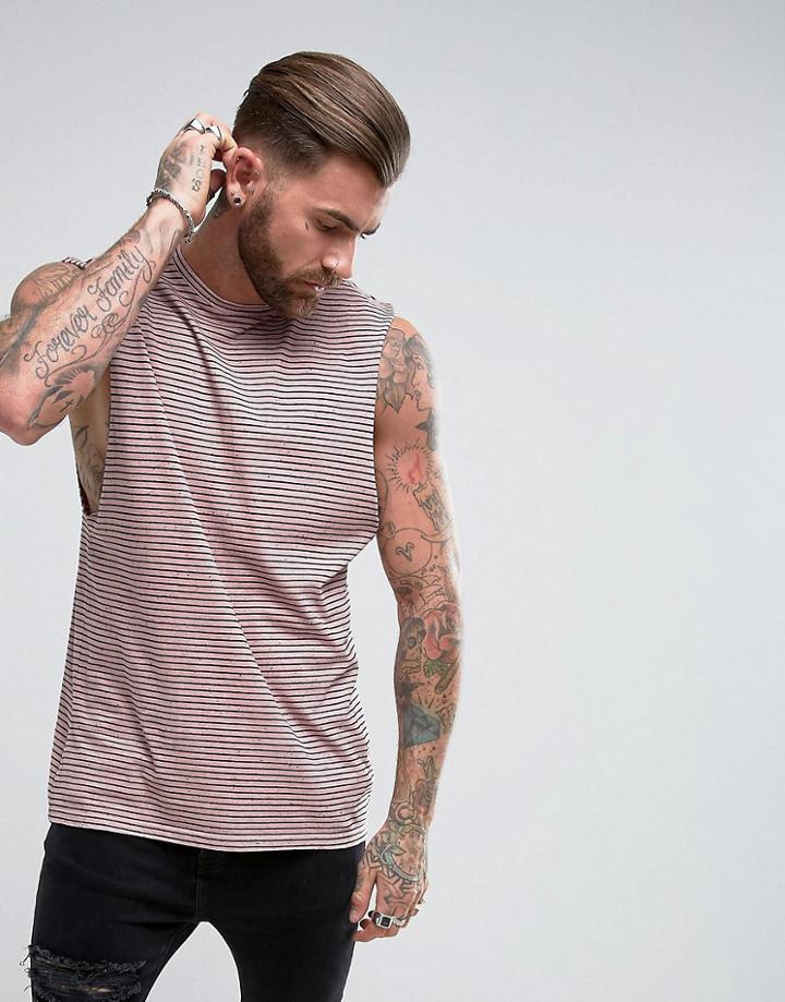 Asos Neppy Jersey Stripe Sleeveless T-shirt With Dropped Armhole In Pink - Pink