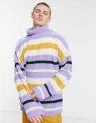 Asos Design Oversized Funnel Neck Fisherman Ribbed Sweater In Multi Color Stripe-blues