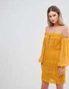 Three Floor Bardot Lace Mini Dress With Bell Sleeves - Yellow
