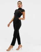 Asos Design Lace Top Jumpsuit With Collar - Black