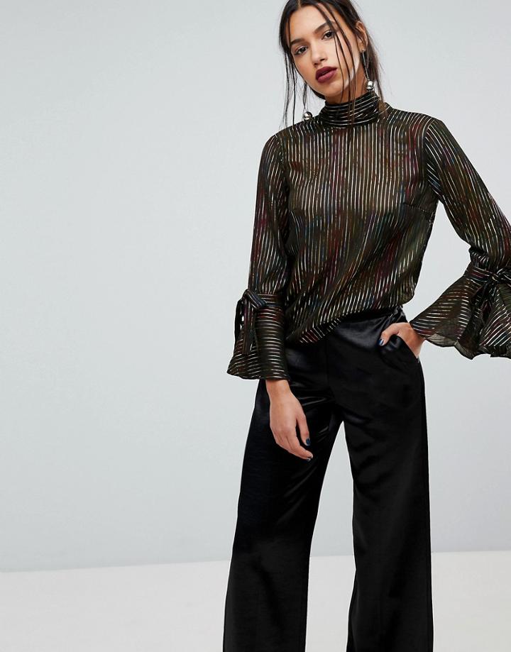 Warehouse Rainbow Shimmer Stripe Flared Sleeve Blouse - Black