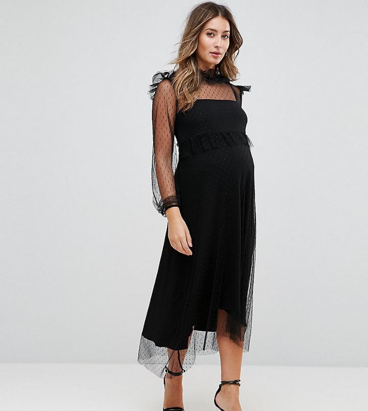 Gebe Maternity Midi Dress In Spot Mesh And Long Sleeve - Black