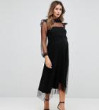 Gebe Maternity Midi Dress In Spot Mesh And Long Sleeve - Black