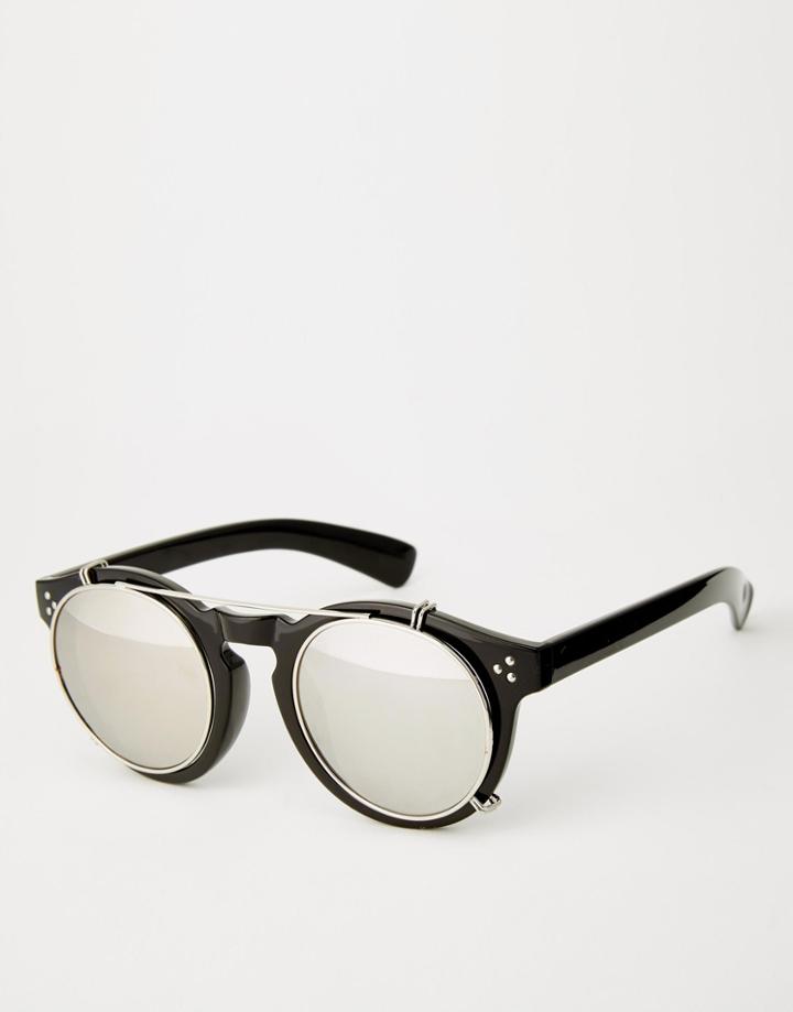 Asos Round Sunglasses With Clip On Frame - Black