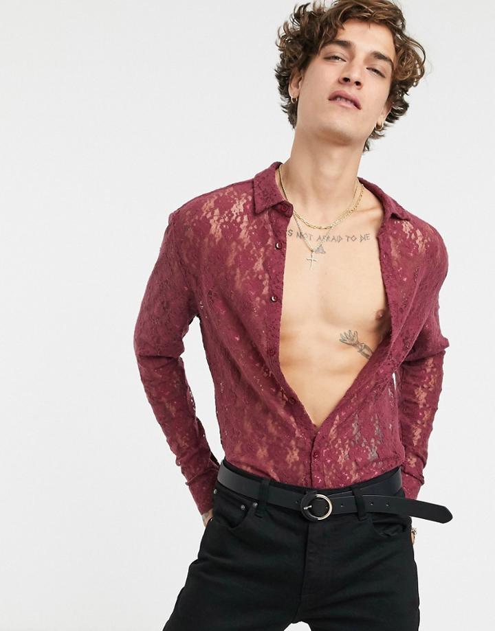 Asos Design Slim Fit Shirt In Burgundy Floral Lace