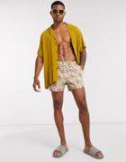 Asos Design Swim Shorts In Stone Seersucker With Tonal Palm Print-neutral