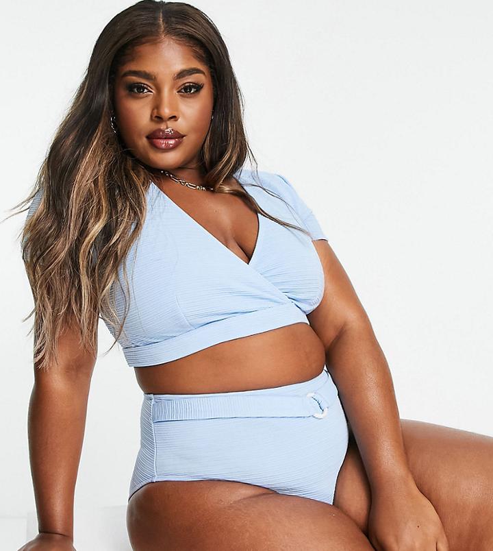 Peek & Beau Curve Exclusive High Waist Bikini Bottom With Belt Detailing In Blue Rib-blues