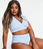 Peek & Beau Curve Exclusive High Waist Bikini Bottom With Belt Detailing In Blue Rib-blues