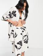Selected Femme Linen Blend Long Line Shorts In Mono Print - Part Of A Set-white