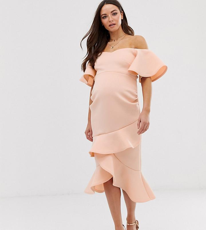 True Violet Maternity Bardot Pencil Dress In Scuba With Frill Hem In Peach-pink