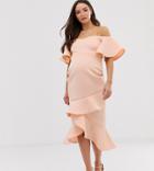 True Violet Maternity Bardot Pencil Dress In Scuba With Frill Hem In Peach-pink