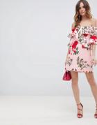 Asos Design Floral Ruffle Shift Off Shoulder Mini Dress - Multi