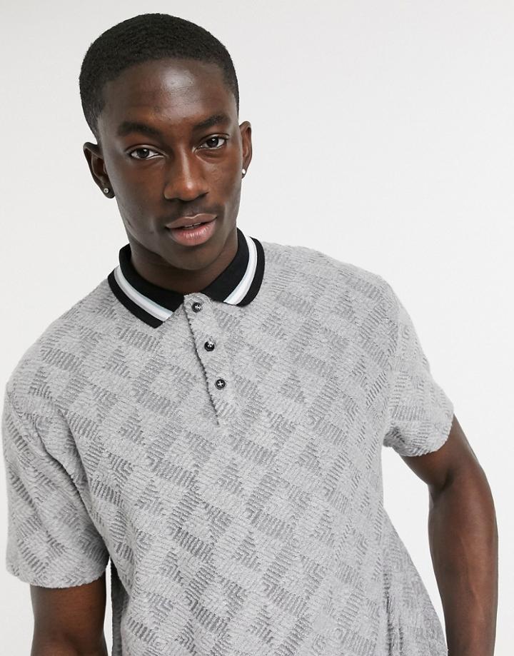 Asos Design Relaxed Polo Shirt In Gray Textured Terrycloth-grey